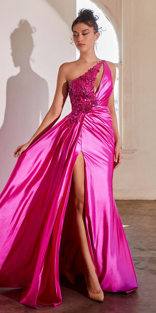 Ladivine CDS454 Floor Length One Shoulder Keyhole Bodice Leg Slit Satin Gown - Glamourous Grace