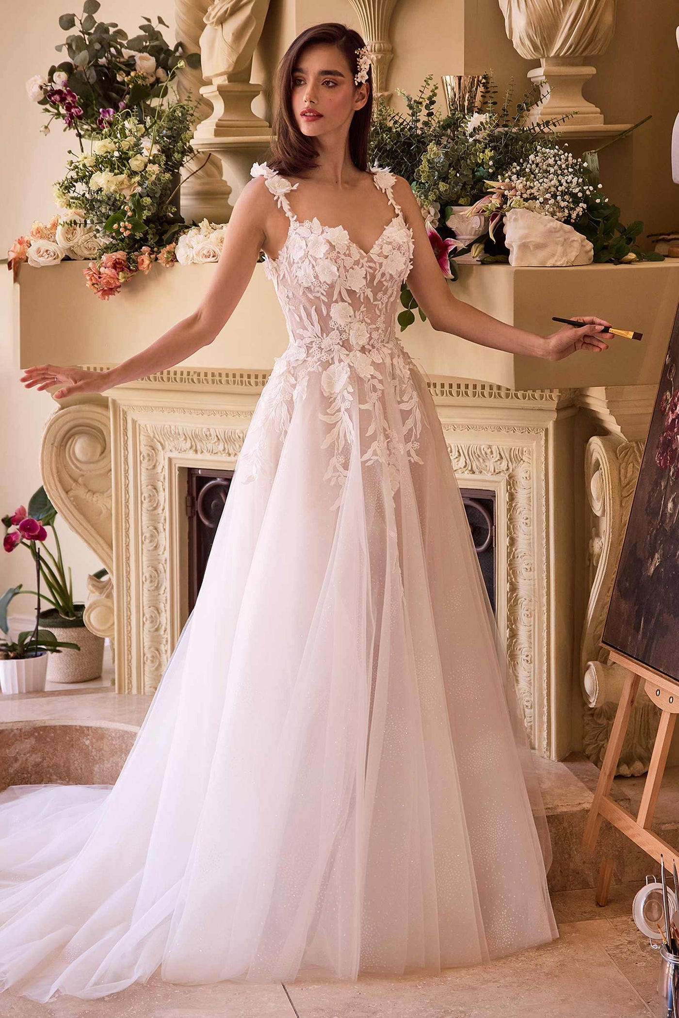 Ladivine CDS498W Lace Appliqued A-Line Tulle Wedding Dress - Glamourous Grace