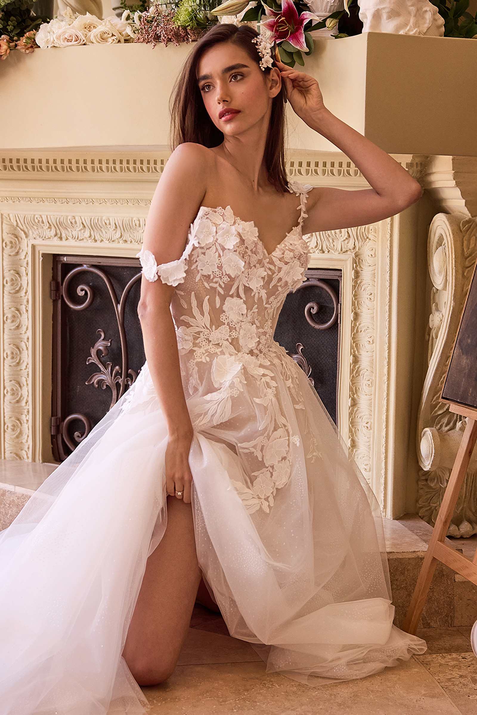 Ladivine CDS498W Lace Appliqued A-Line Tulle Wedding Dress - Glamourous Grace