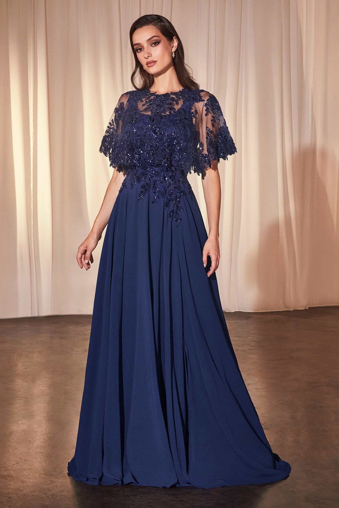Ladivine CDS503 Dress Chiffon A-Line Beaded Lace Bodice Removable Cape - Glamourous Grace