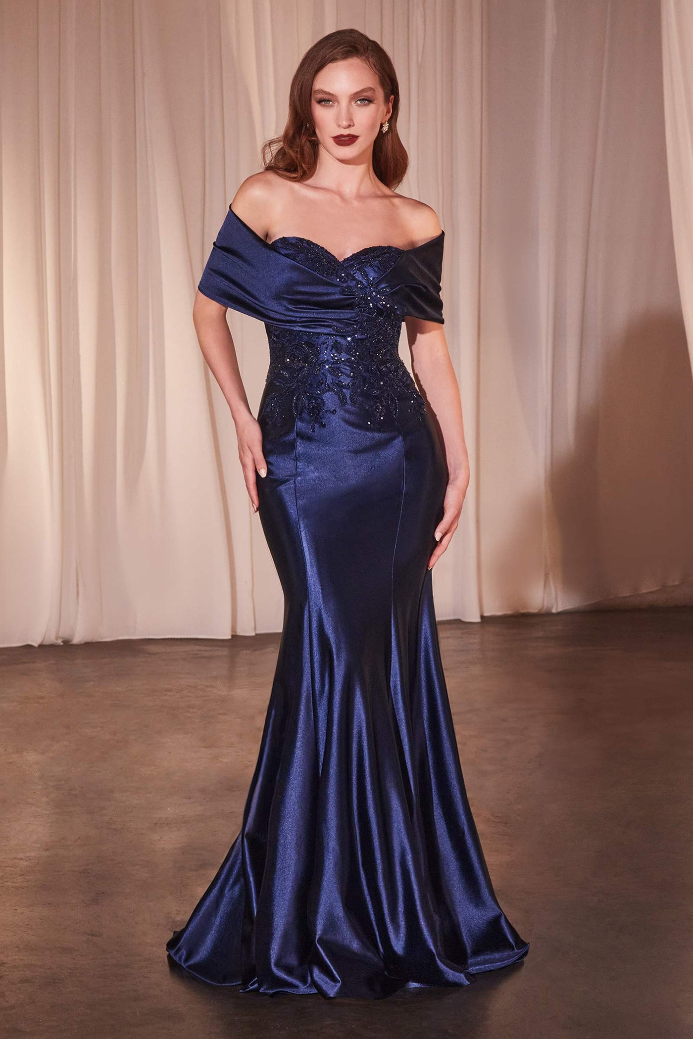 Ladivine CDS507 Dress Off The Shoulder Satin & Lace Gown - Glamourous Grace