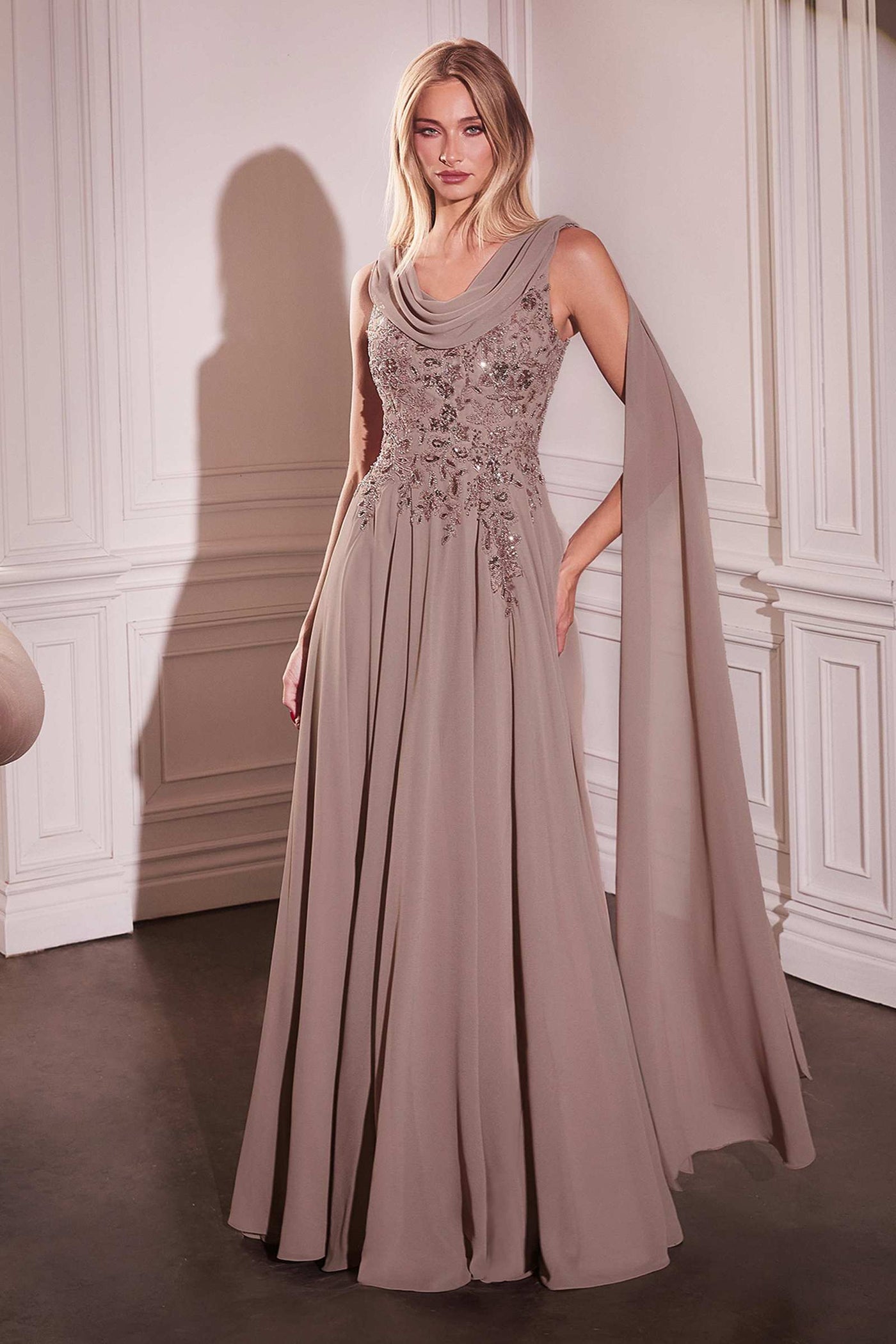 Ladivine CDS509 Dress Chiffon A-Line Gown & Long Cape Sleeves - Glamourous Grace