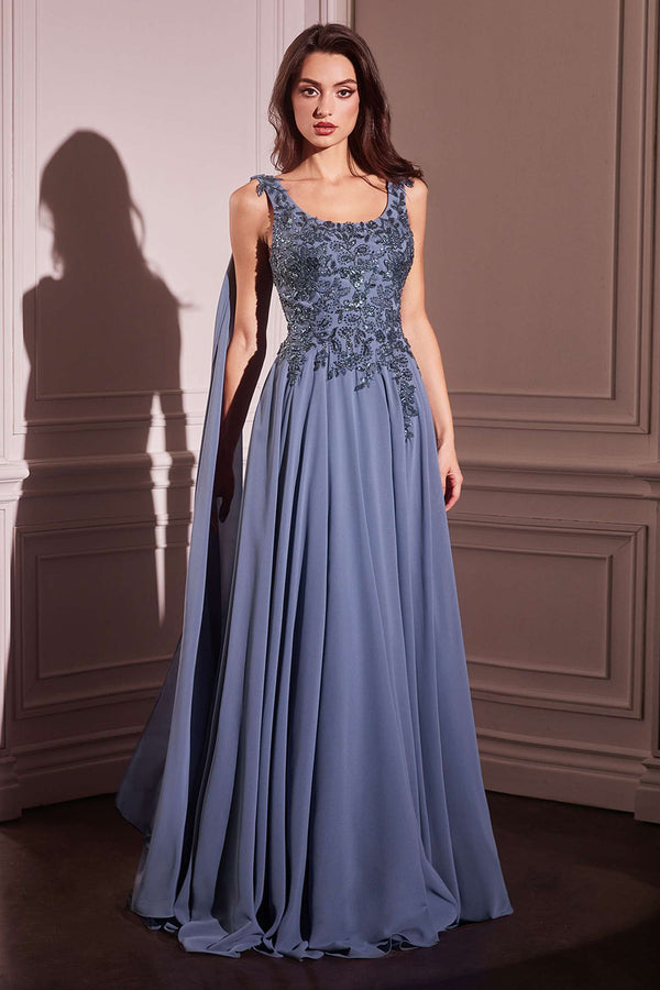Ladivine CDS509 Dress Chiffon A-Line Gown & Long Cape Sleeves - Glamourous Grace