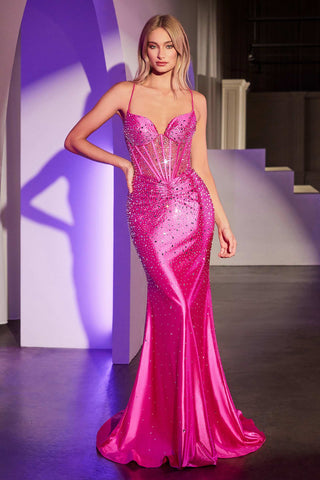 Ladivine CDS527 Dress Fitted Crystal Embellished Stretch Satin Prom Gown