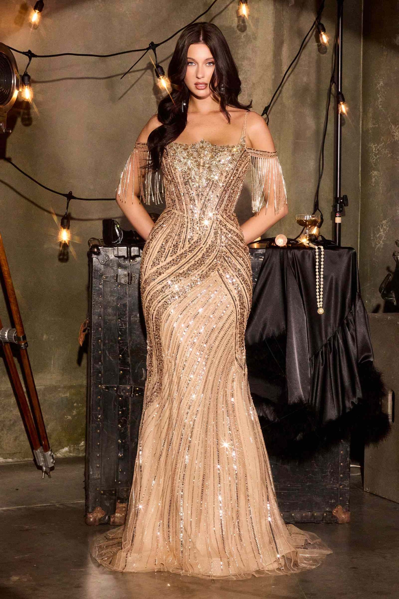 Ladivine CDS555 Cold Shoulder Fringe Fitted Formal Gown - Glamourous Grace