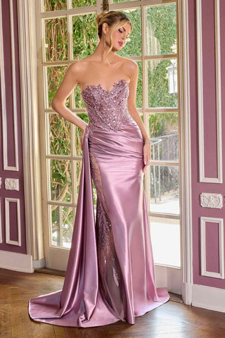 Ladivine CDS565 Sleek Satin Strapless Sweetheart Sequin Applique Gown