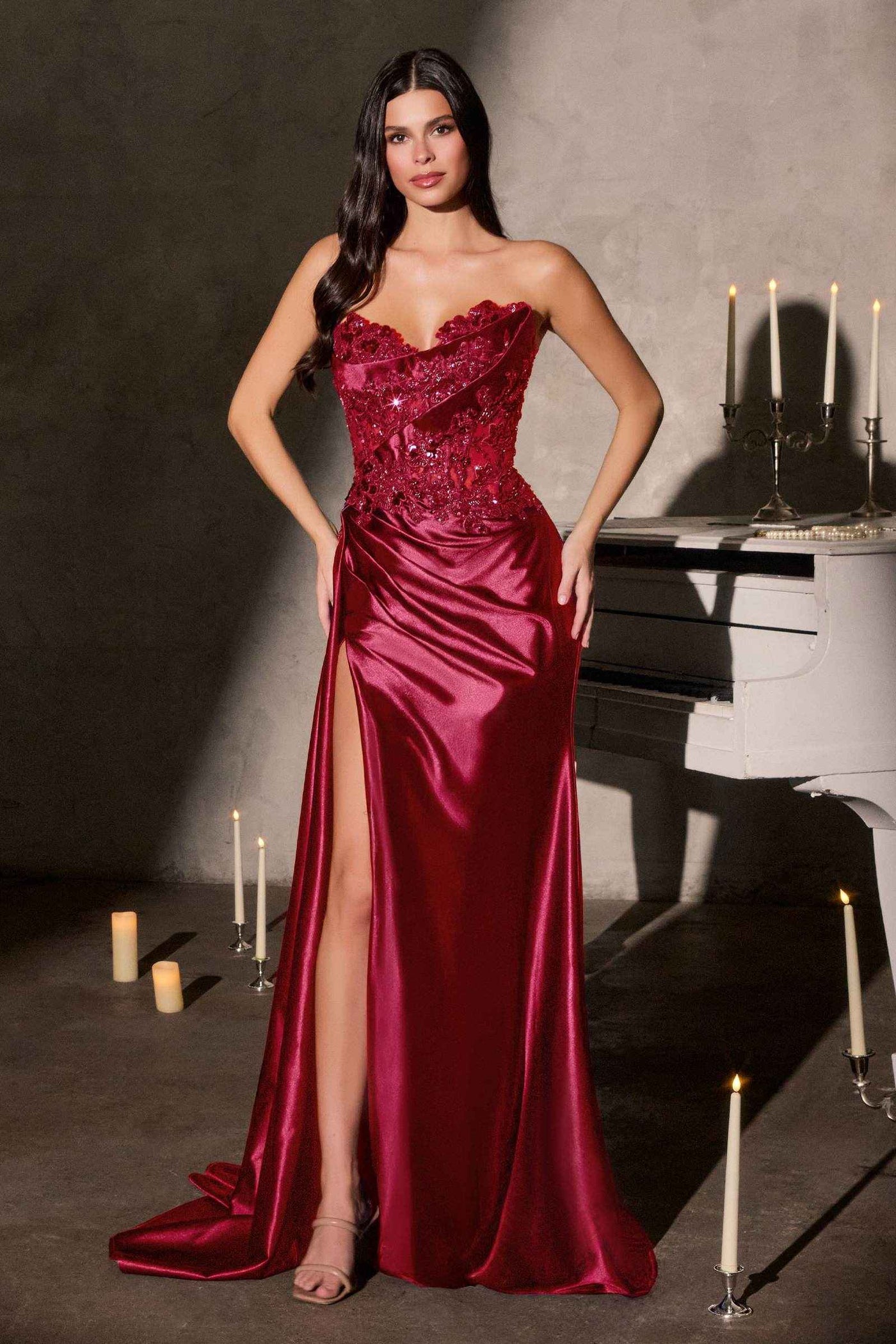 CLEARANCE - Ladivine CDS567 Strapless Sleek Satin Skirt Leg Slit Floral Beaded Gown (Size 2) - Glamourous Grace