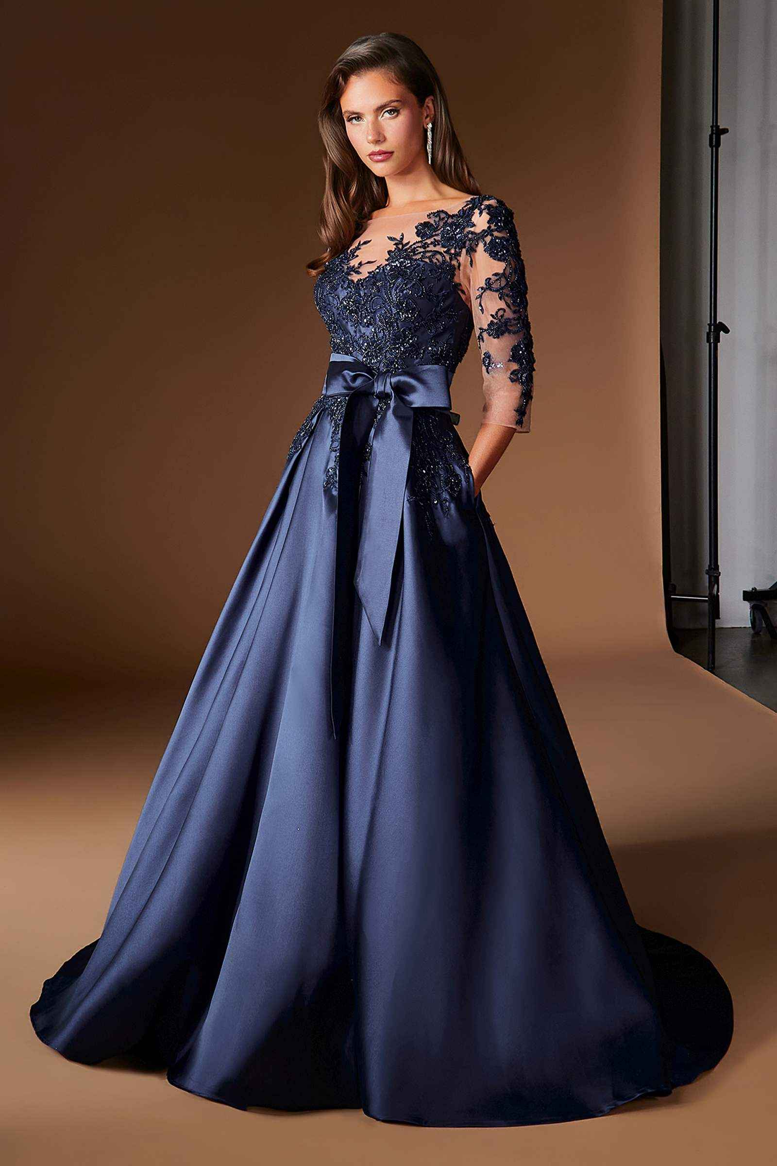 Ladivine CDS569 Three Quarter Sleeve Mikado Skirt A-Line Gown - Glamourous Grace