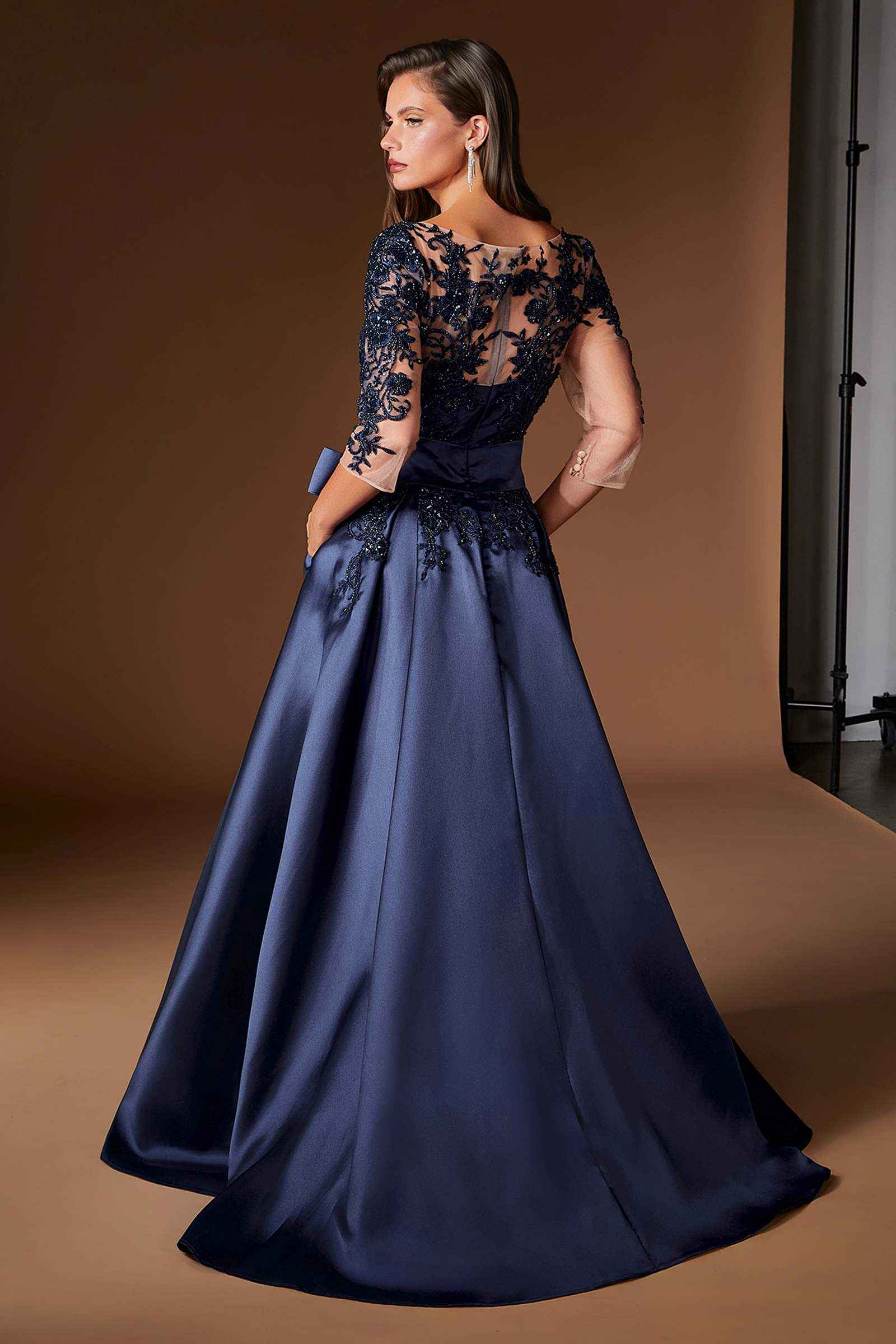 Ladivine CDS569 Three Quarter Sleeve Mikado Skirt A-Line Gown - Glamourous Grace