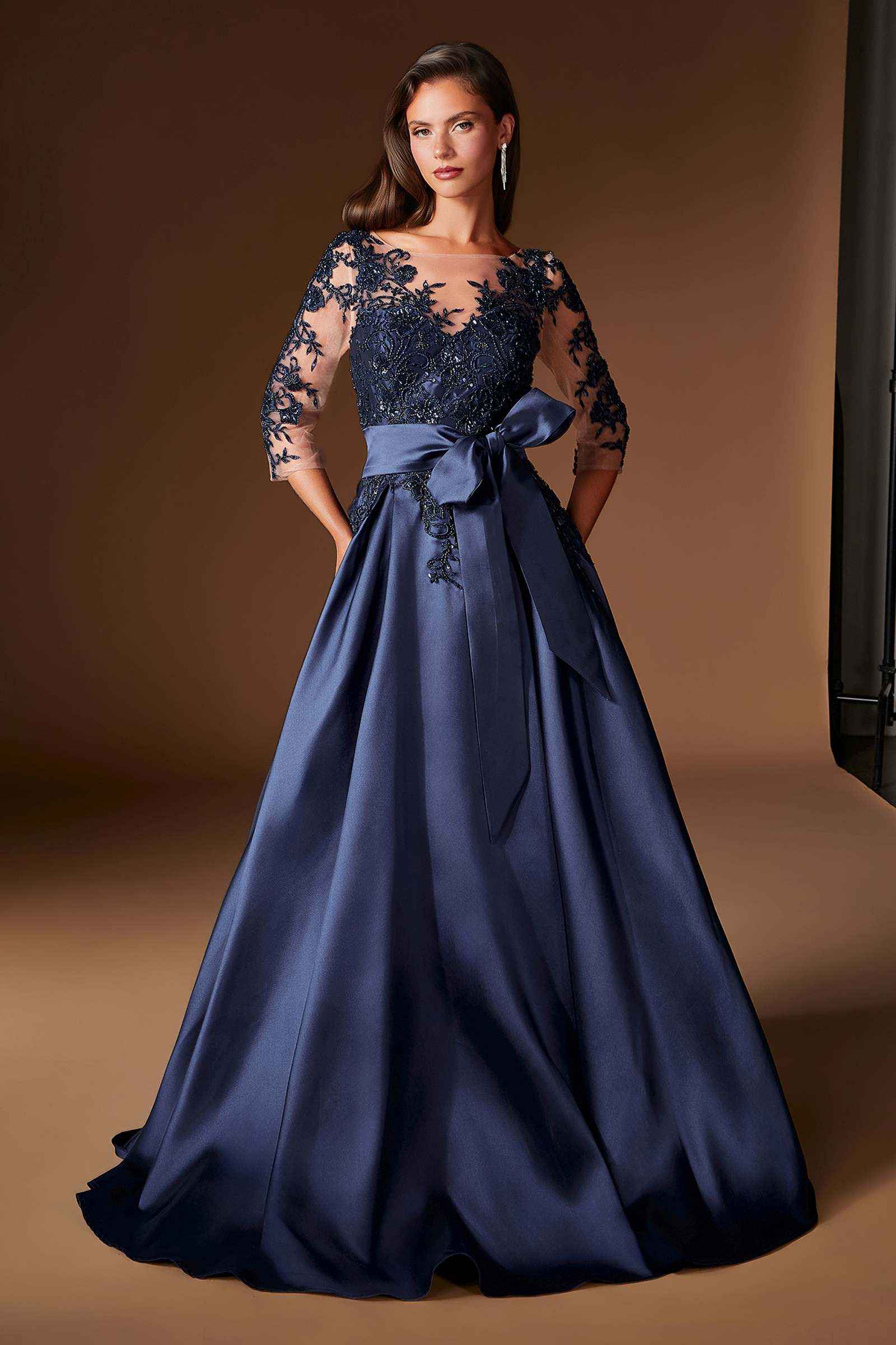 Ladivine CDS569 Three Quarter Sleeve Mikado Skirt A-Line Gown - Glamourous Grace