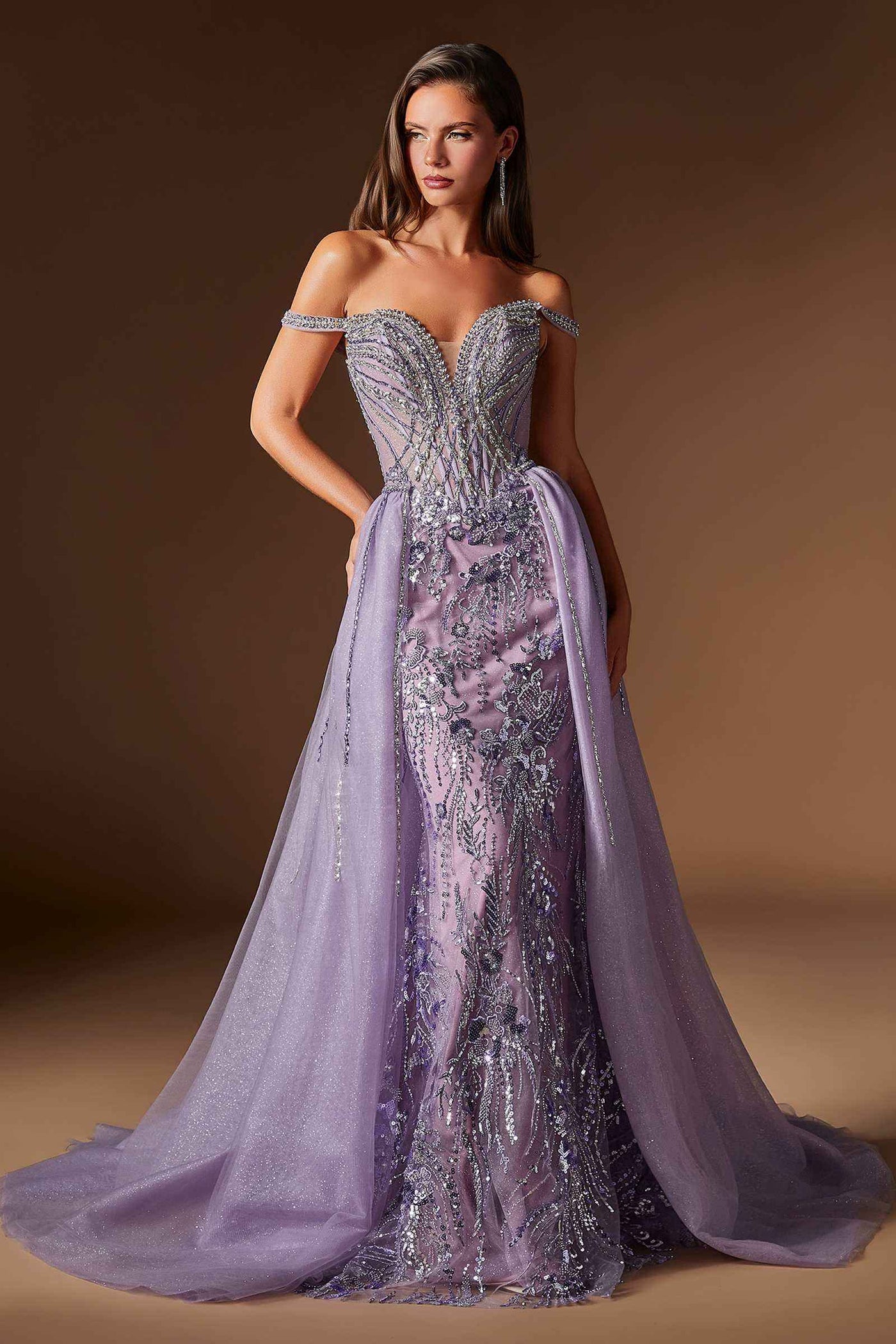 Ladivine CDS570 Fitted Formal Off Shoulder Gown with Detachable Skirt - Glamourous Grace