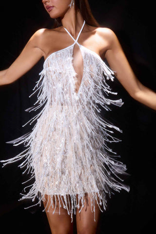 Ladivine CDS574 Fringe Beadwork Halter Fitted Mini Dress