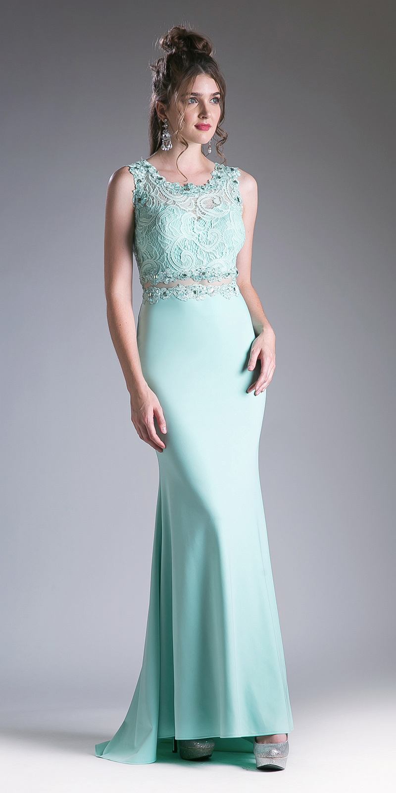 Cinderella Divine CF115 Long Lace Bodice Stretch Knit Sheath Dress Sleeveless - Glamourous Grace