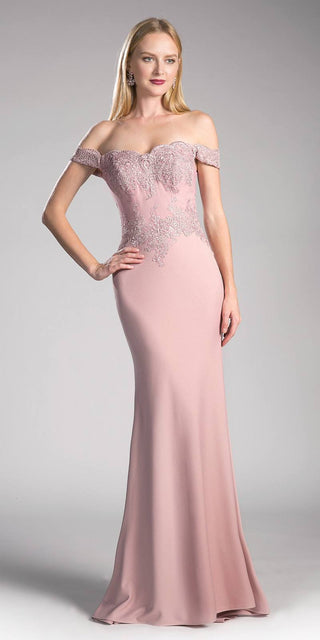 Cinderella Divine CF158 Off Shoulder Floor Length Evening Gown Applique Bodice