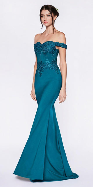 Cinderella Divine CF158 Off Shoulder Floor Length Evening Gown Applique Bodice