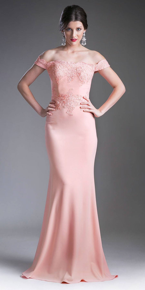 Cinderella Divine CF158 Off Shoulder Floor Length Evening Gown Applique Bodice - Glamourous Grace