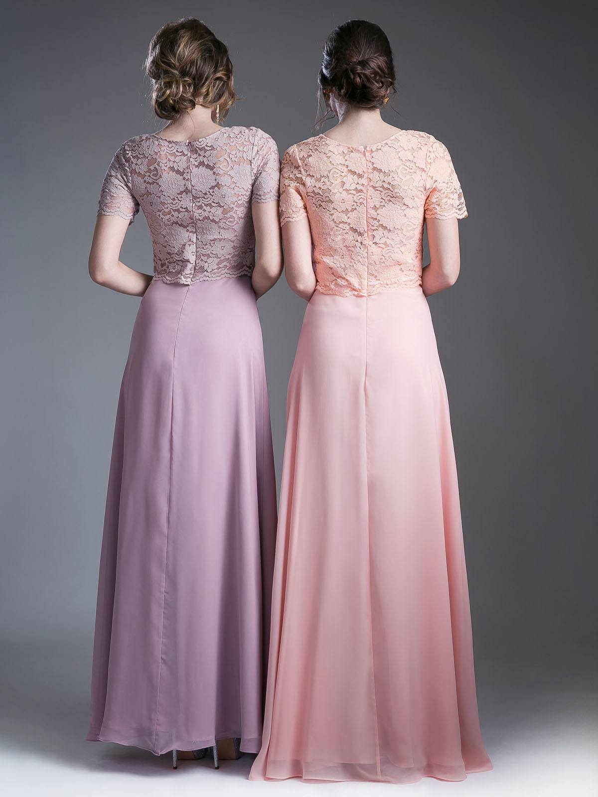 Cinderella Divine CF160 Lace Bodice Short Sleeves A-line Long Dress - Glamourous Grace