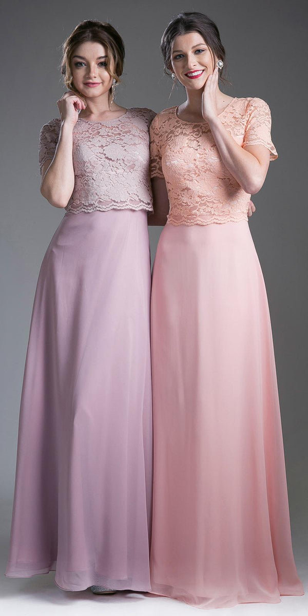 Cinderella Divine CF160 Lace Bodice Short Sleeves A-line Long Dress - Glamourous Grace