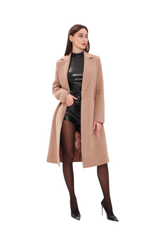 Geneva Classic Wraparound Wool Blend Overcoat in Camel