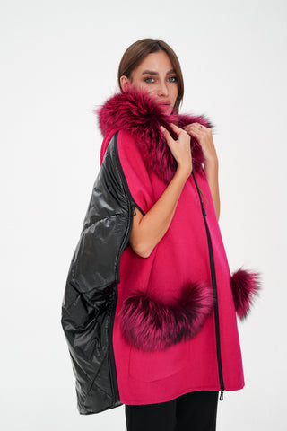 Saga®Furs Silver Fox Wool Alpaca Poncho Vest in Fuchsia