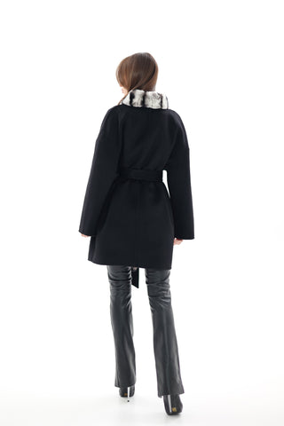 Genuine  French Orylag Fur Italian Cashmere Wool Coat 85cm