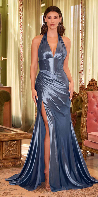 Ladivine CH048 Long V-Neck Halter Fitted Satin Corset Waist Gown