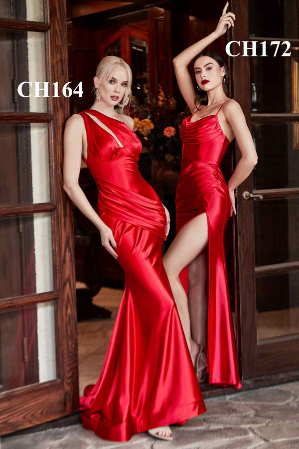 Cinderella Divine CH172 Long Satin Gown with Cowl Neckline and Slit - Glamourous Grace