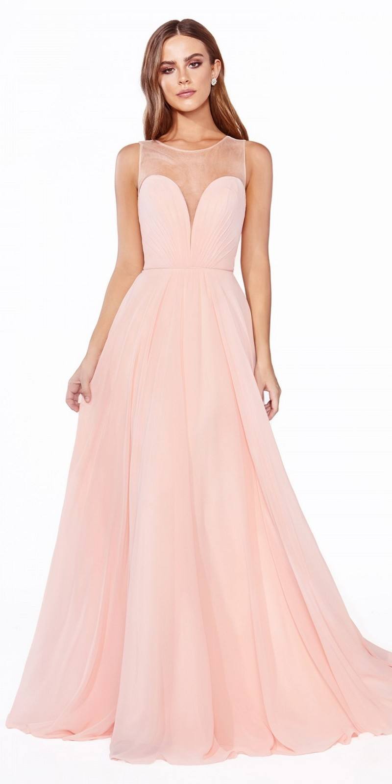 Cinderella Divine CJ251 Long A-Line Chiffon Dress Illusion Neckline - Glamourous Grace