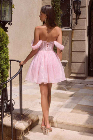 Ladivine CJ420 Off-Shoulder Glitter Tulle Short Dress with Corset Back