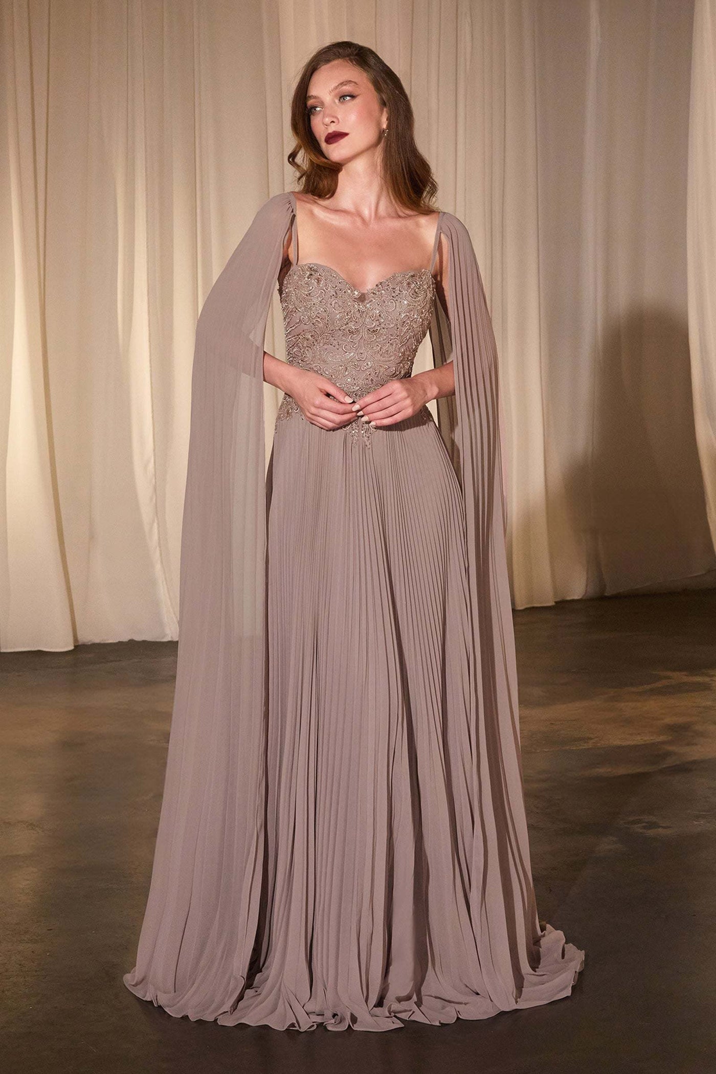 Ladivine CJ937 Pleated A-Line Gown With Cape Sleeves - Glamourous Grace
