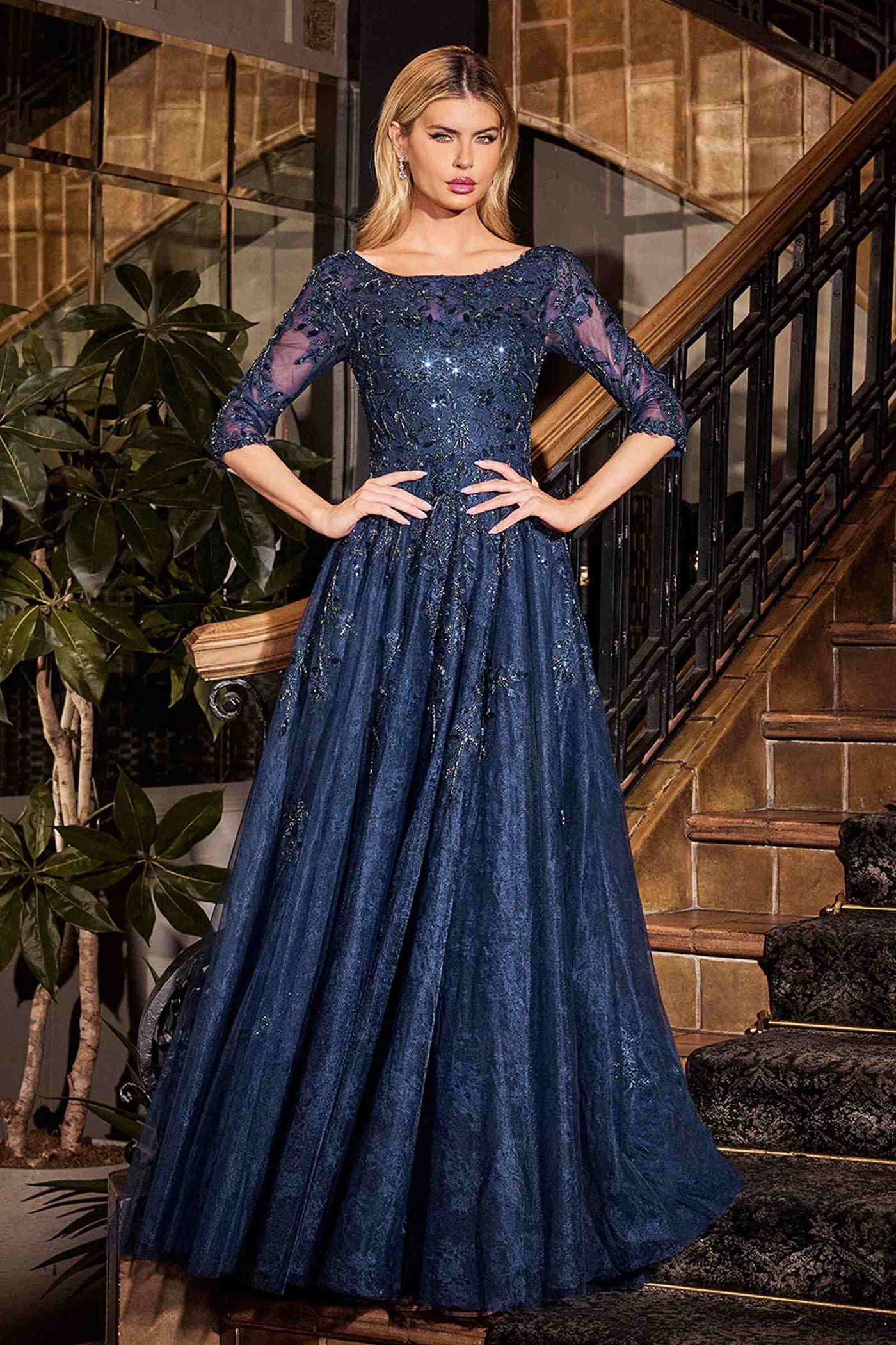 Ladivine CK2401 A-Line Lace & Tulle Modest Mother of the Bride Gown - Glamourous Grace