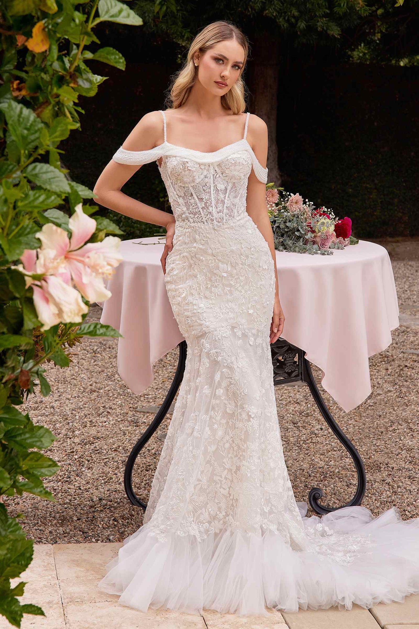 Ladivine CK703W Off The Shoulder Fitted Lace Bridal Gown - Glamourous Grace