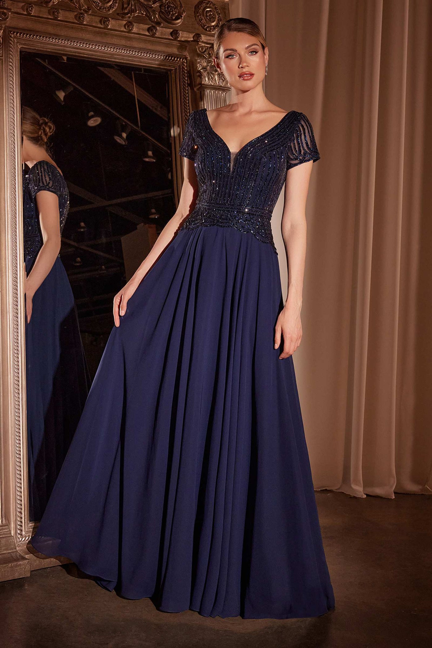 Ladivine CL07 A-Line Chiffon Beaded Gown - Glamourous Grace