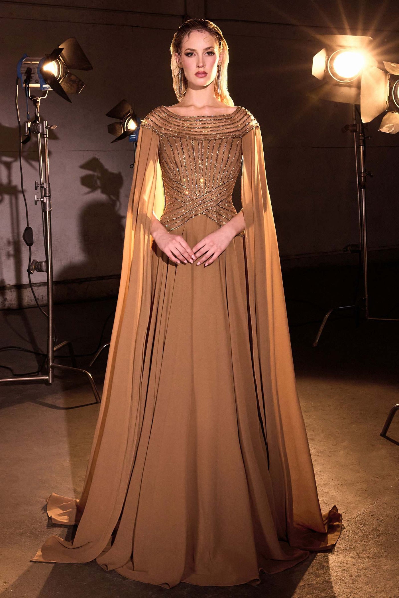 Ladivine CL08 Long A-Line Chiffon Flowing Cape Evening Gown - Glamourous Grace