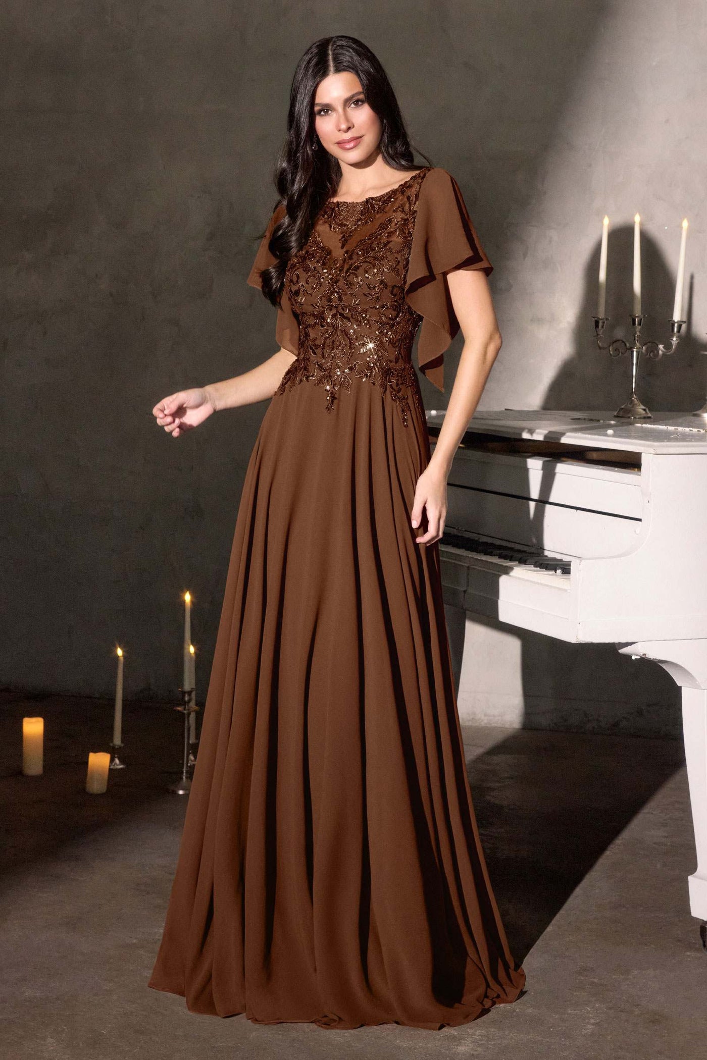 Ladivine CL09 Flutter Sleeve Illusion Neck A-Line Chiffon Gown - Glamourous Grace