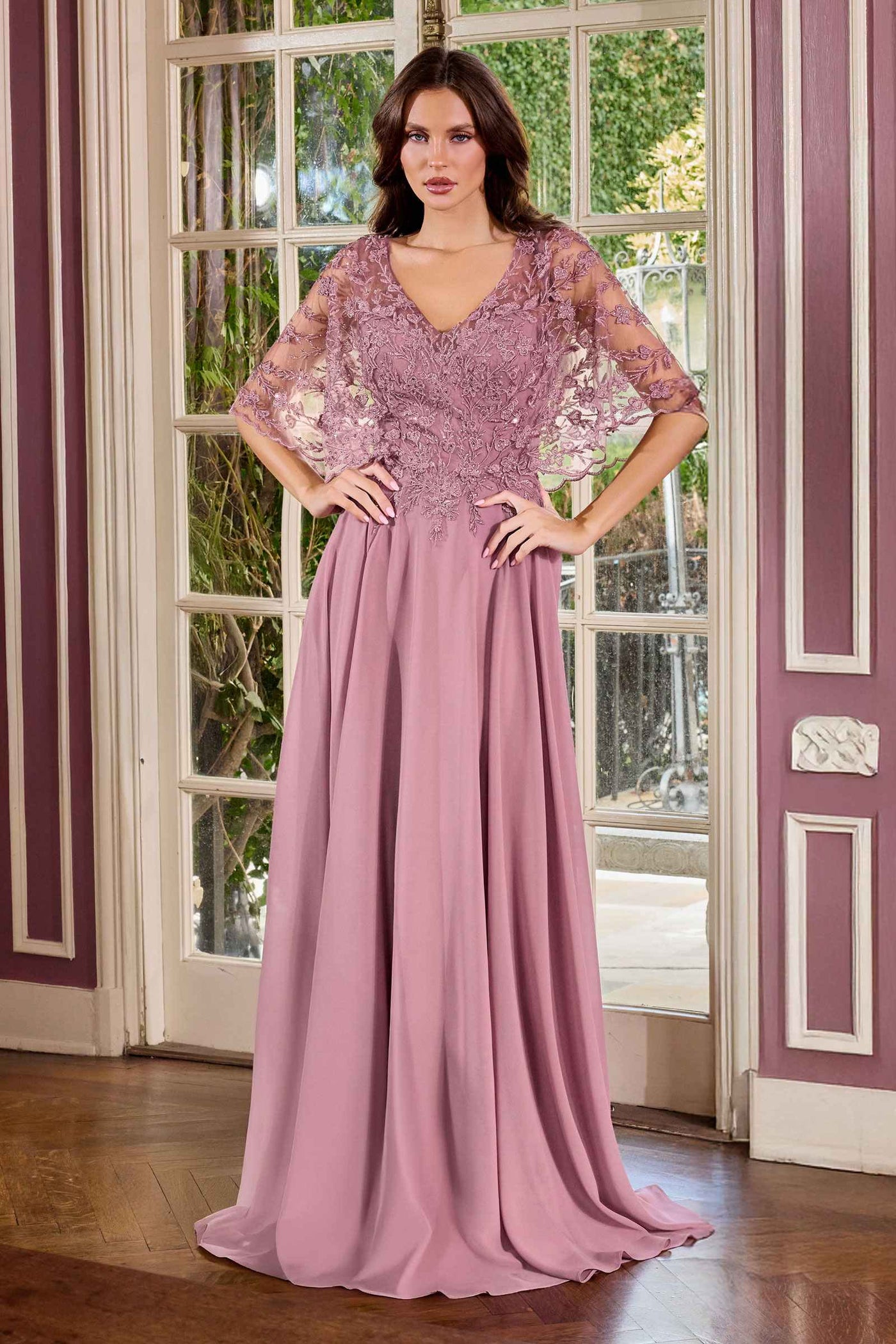 Ladivine CL10 Mother of the Bride V-Neckline Lace Bodice A-Line Gown - Glamourous Grace