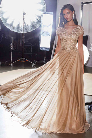 Ladivine CL11 Gold Beaded Cap Sleeve A-Line Formal Dress - Glamourous Grace