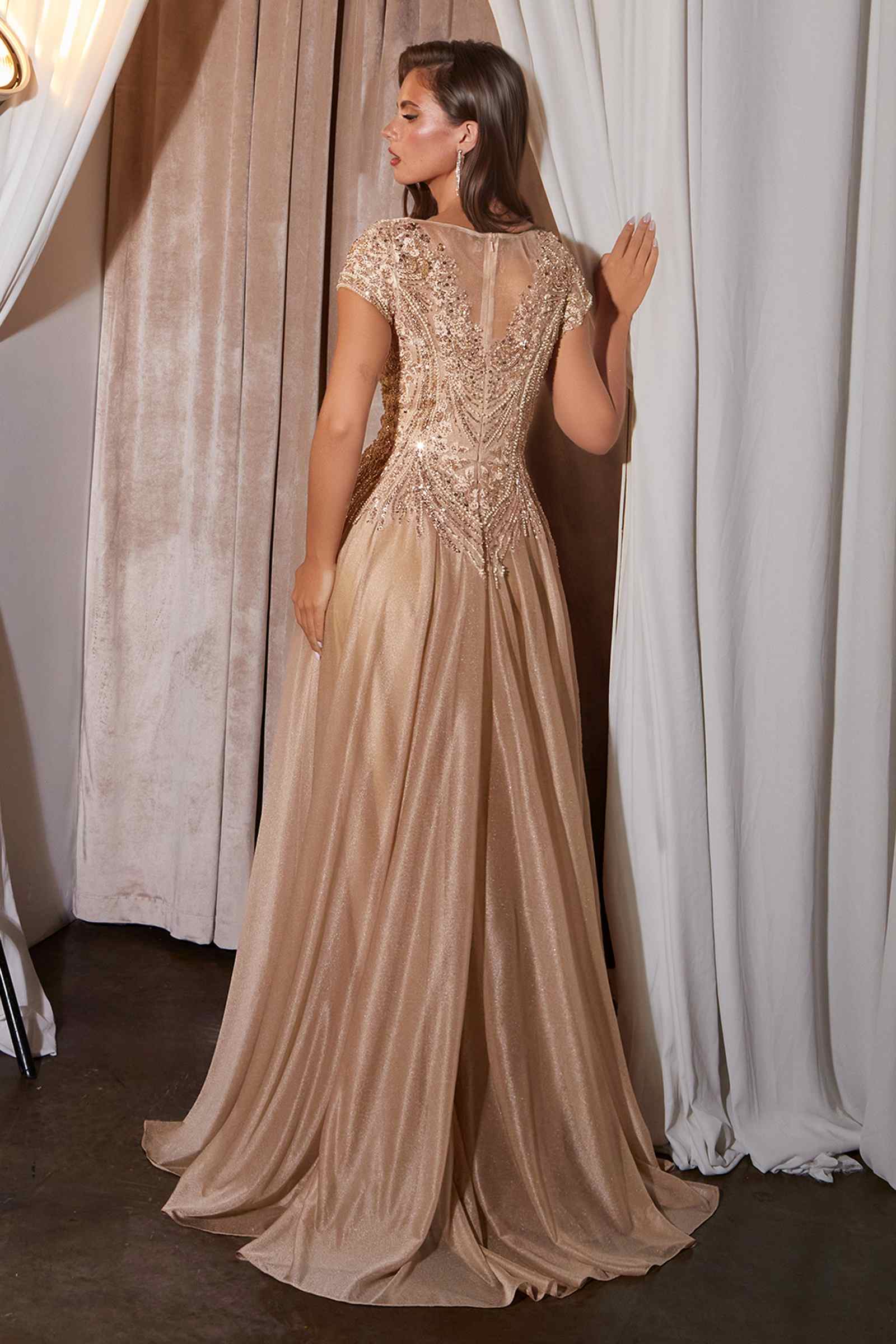 Ladivine CL11 Gold Beaded Cap Sleeve A-Line Formal Dress - Glamourous Grace