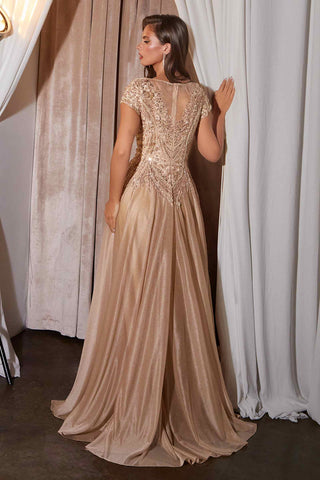 Ladivine CL11 Gold Beaded Cap Sleeve A-Line Formal Dress - Glamourous Grace