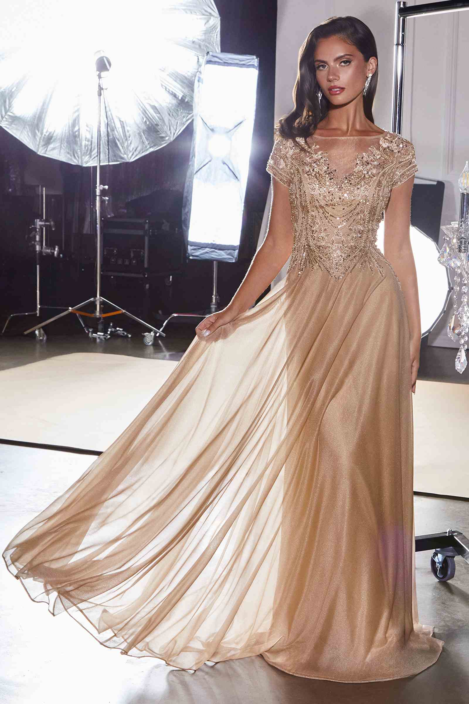 Ladivine CL11 Gold Beaded Cap Sleeve A-Line Formal Dress - Glamourous Grace