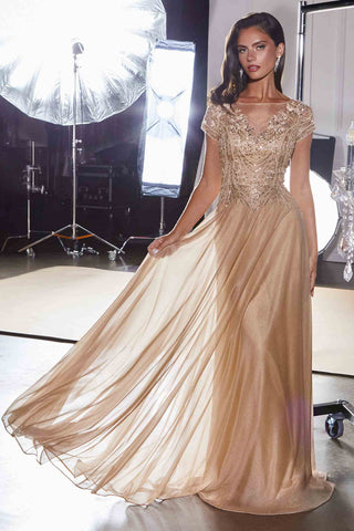Ladivine CL11 Gold Beaded Cap Sleeve A-Line Formal Dress - Glamourous Grace