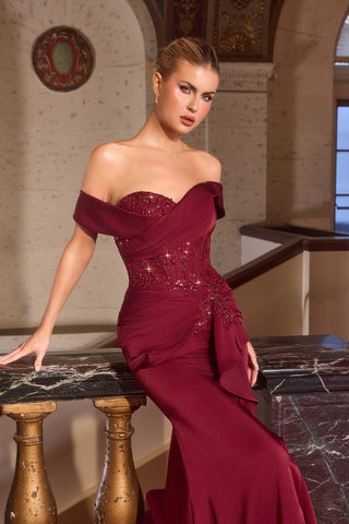 Ladivine CM387 Off the Shoulder Sculpted Beaded Bodice Fitted Gown