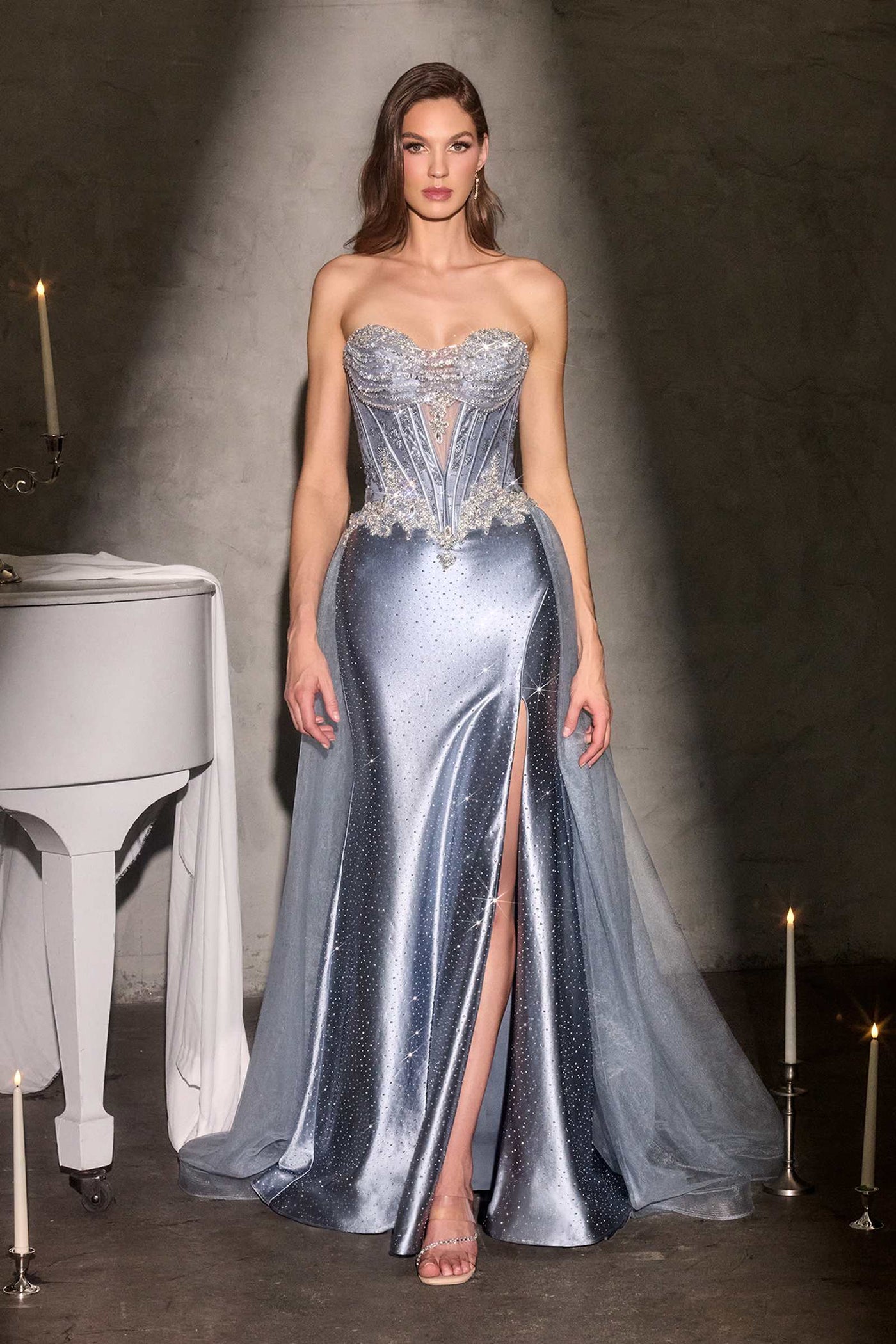 Ladivine CM392 Strapless Corset Bodice Sparkling Beading Fitted Satin Gown - Glamourous Grace