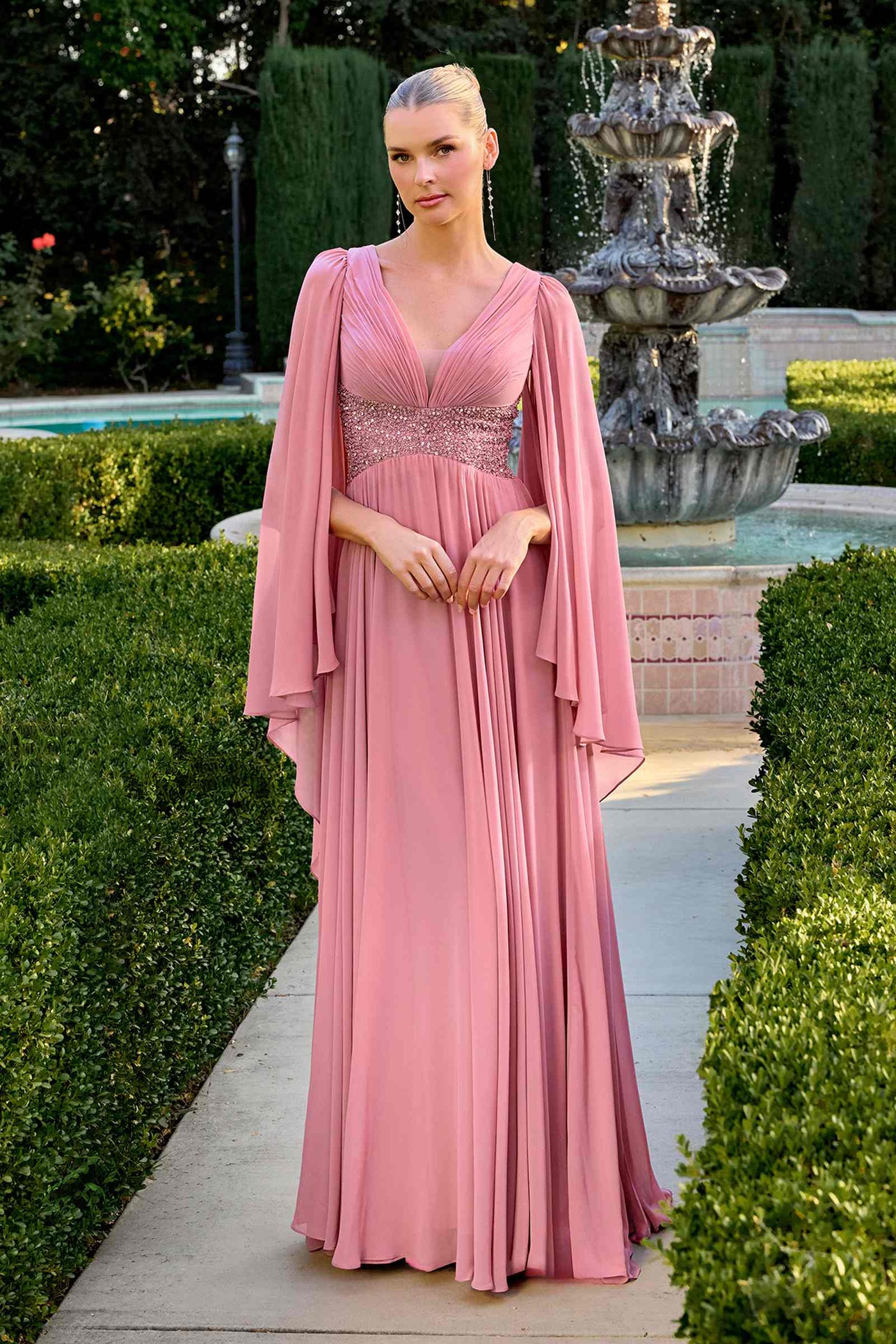Ladivine CM8244 V-Neckline Cape Sleeves Flowing Chiffon Gown - Glamourous Grace
