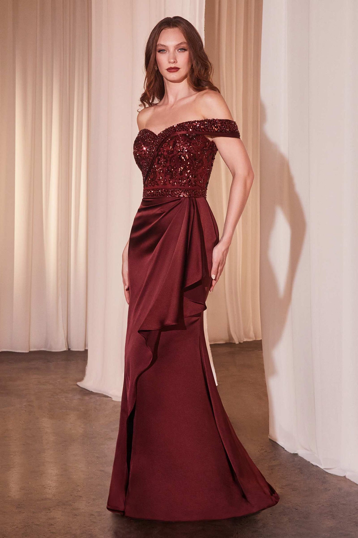 Ladivine CR877 Dress Off the Shoulder Sequin Bodice Formal Gown - Glamourous Grace