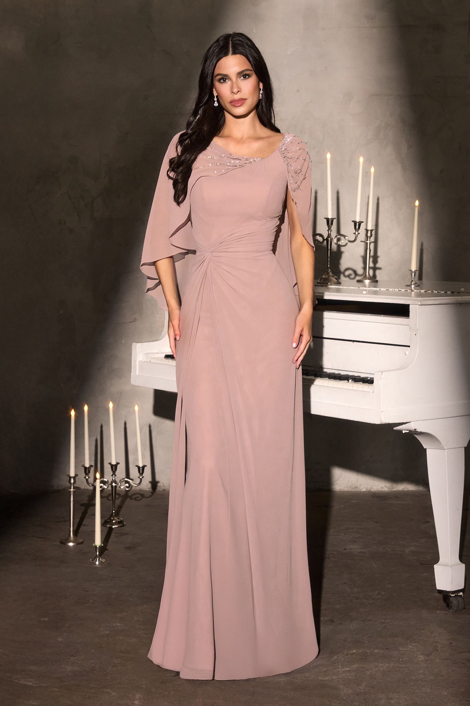Ladivine CR884 Cape Sleeve Soft Flowing Chiffon MOB Dress - Glamourous Grace