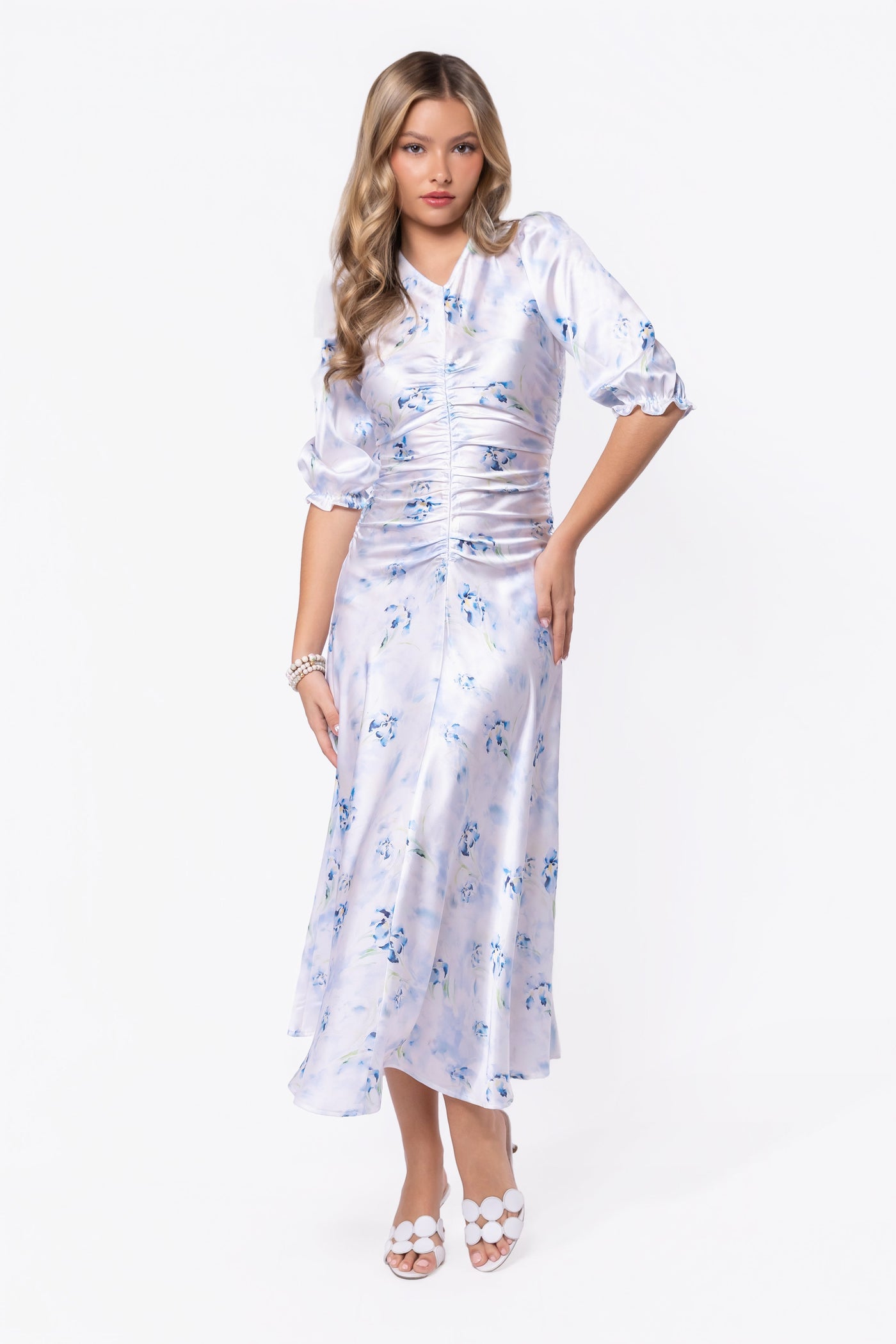 Audrey Dress Short Sleeve (White/Blue) - Glamourous Grace