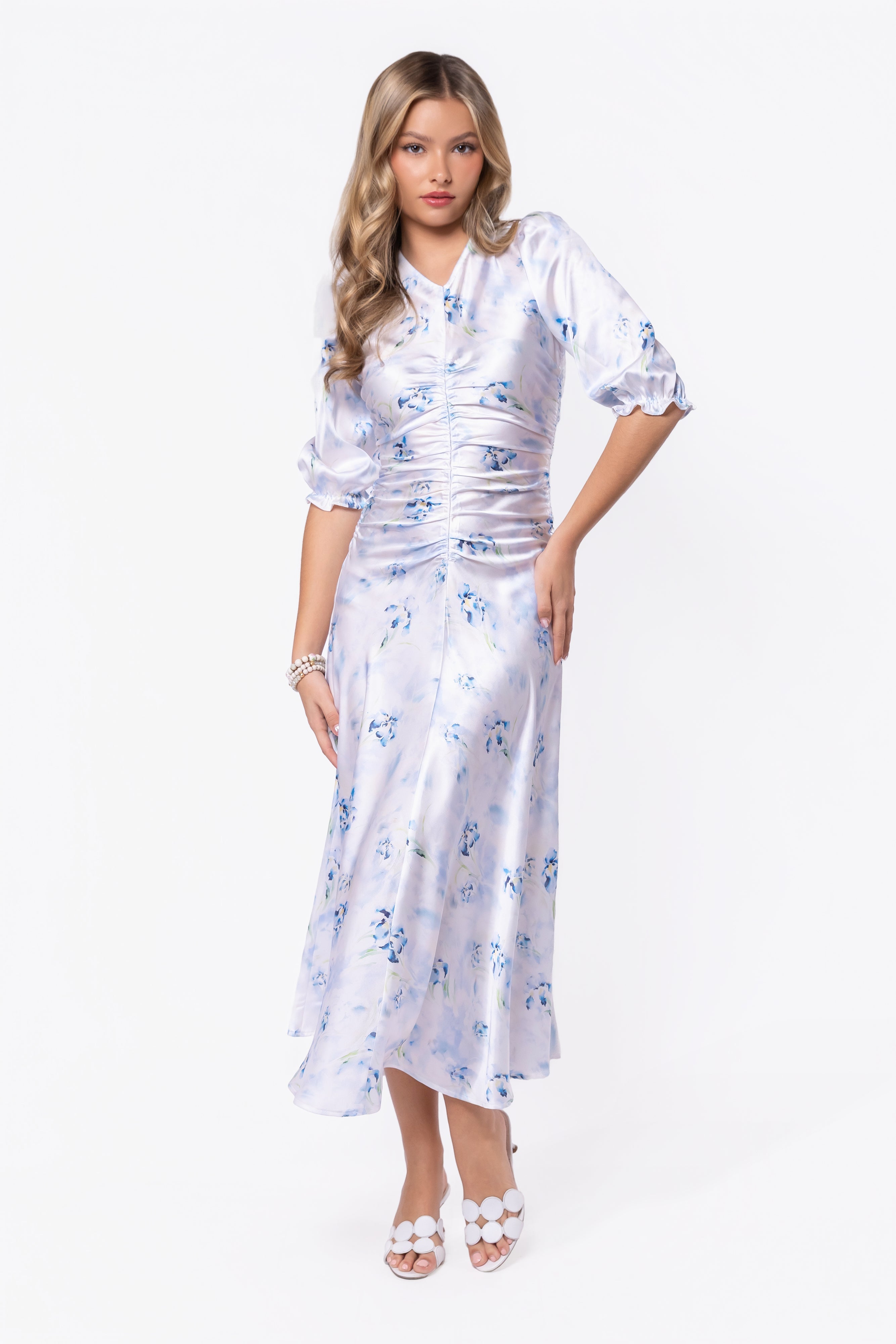 Audrey Dress Short Sleeve (White/Blue) - Glamourous Grace