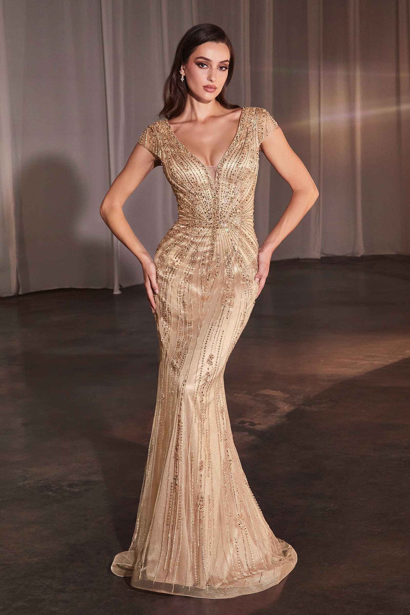 Ladivine CZ0029 Long Beaded Cap Sleeve Fitted Dress - Glamourous Grace