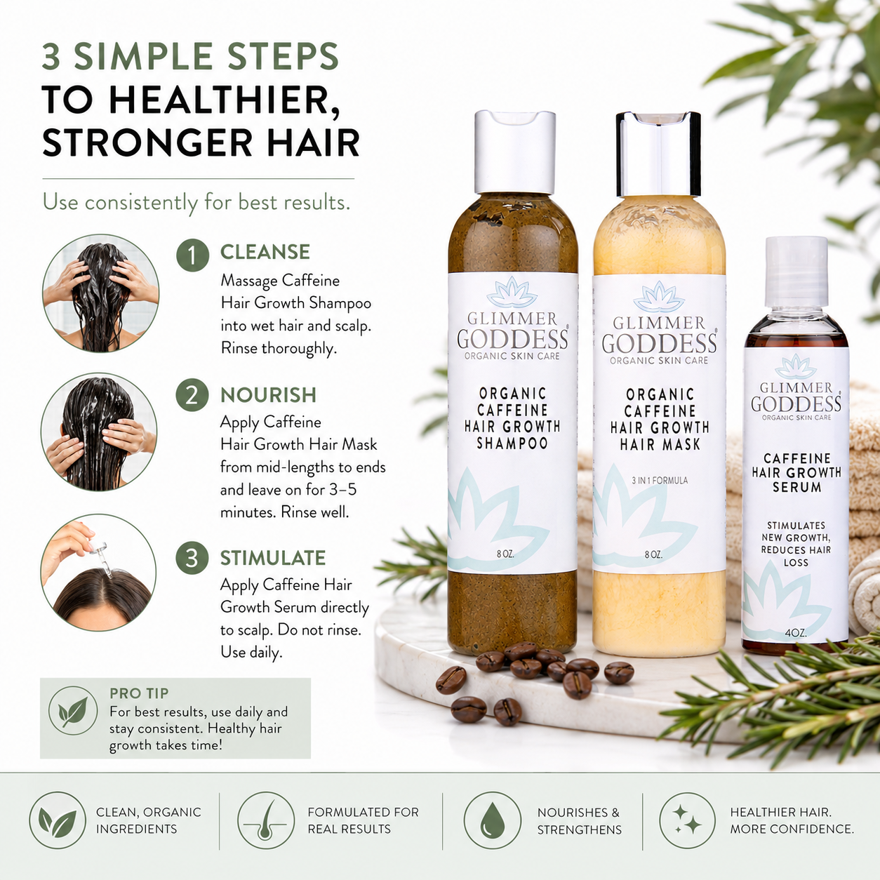 Organic Caffeine Hair Growth System – 3-Step Treatment Set - Glamourous Grace